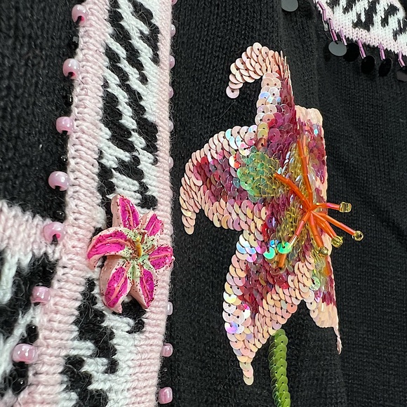 NWOT Storybook Knits black pink sequin beaded lily flower cardigan sweater 3X - Picture 8 of 14
